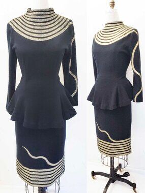 VTG  Lisandro Sarasola Womens Black Gold 2 Piece Knit Set Sweater Skirt Cashmere